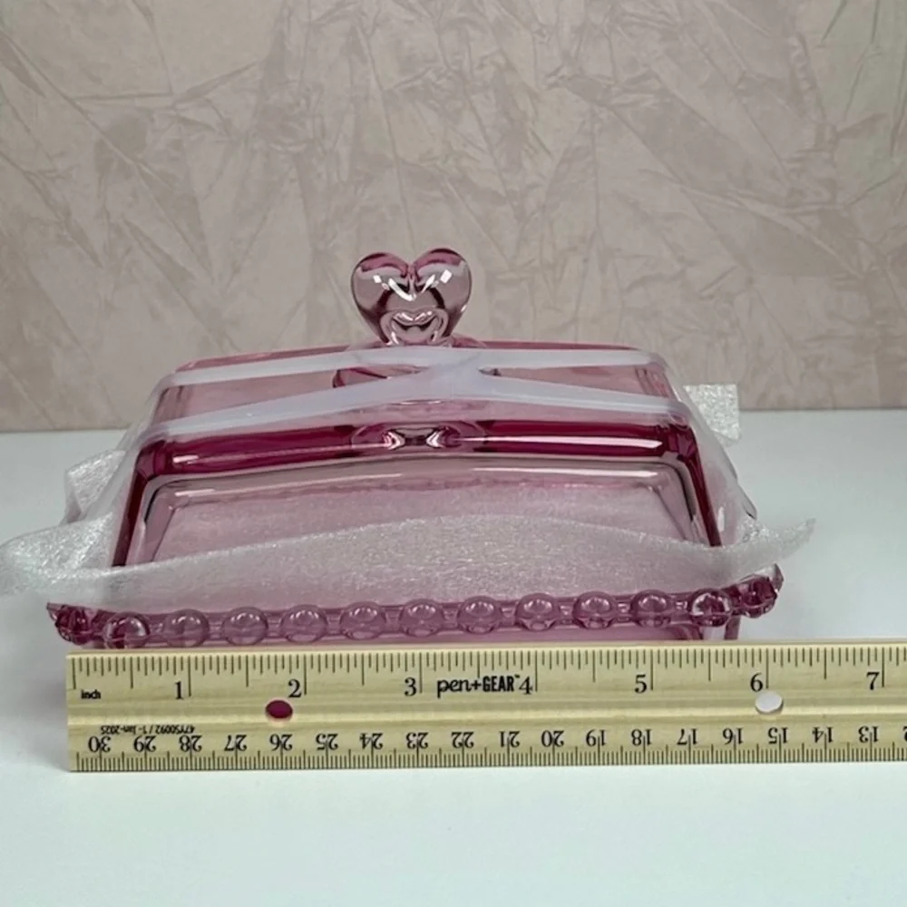 Pink Glass Butter Dish with Heart Handle